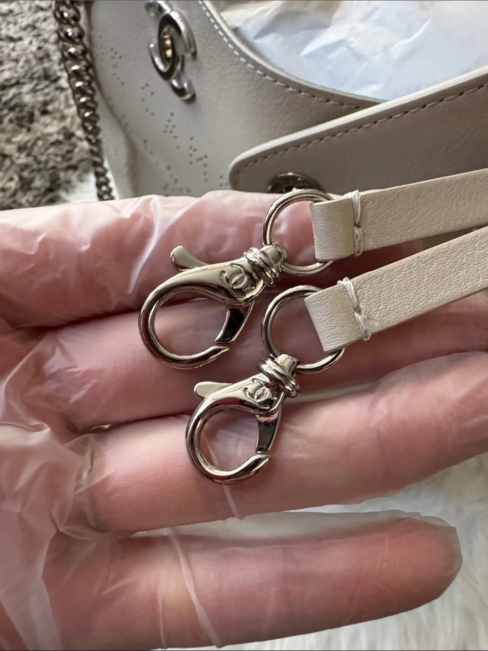 NWT CHANEL 2019 Beige Calfskin Perforated Logo Tote with Silver-Tone Hardware